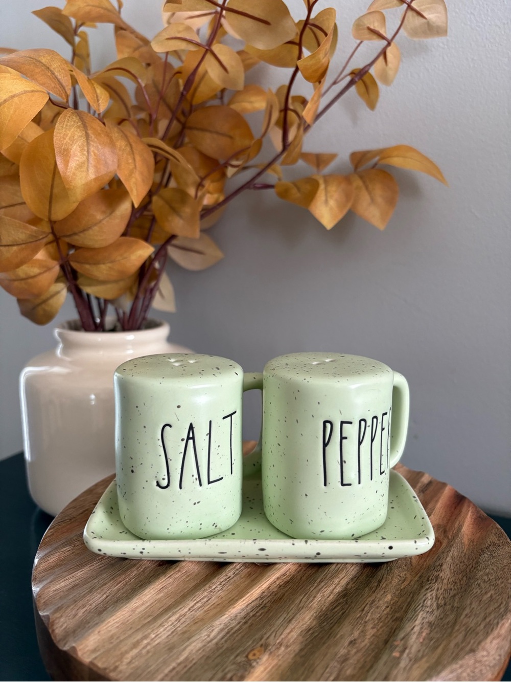 Rae Dunn Speckled Salt & Pepper Set with Tray - Sage Green